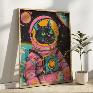 Astronaut Cat Retro Wall Art Poster