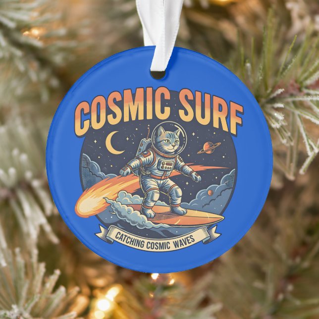 Astronaut Cat Surfing Comic Waves  Ornament (Baum)