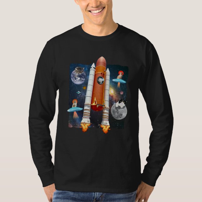 Astronaut Cats In Outer Space Meow Spaceship UFO K T-Shirt (Vorderseite)