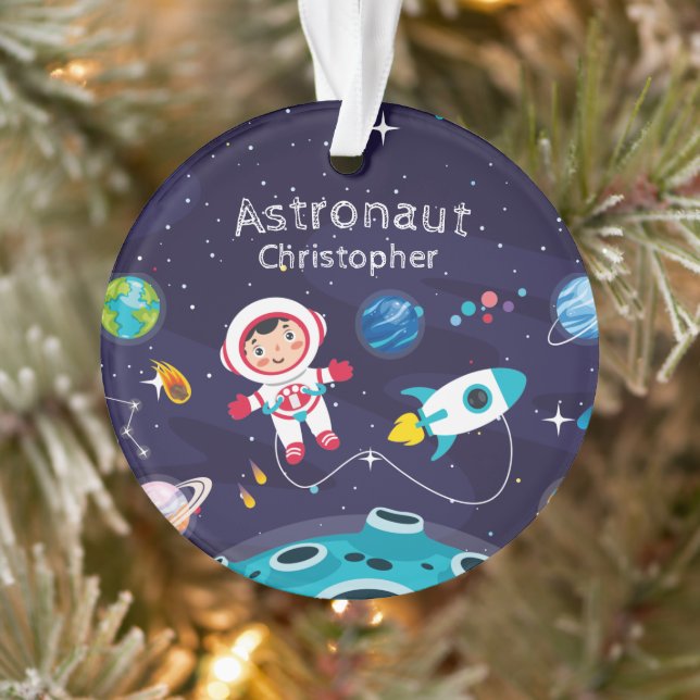 Astronaut child on the moon, monogrammed name ornament (Baum)
