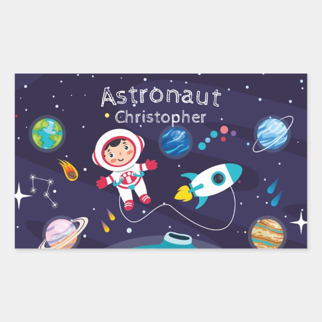 Astronaut child on the moon, monogrammed name rechteckiger aufkleber (Vorderseite)