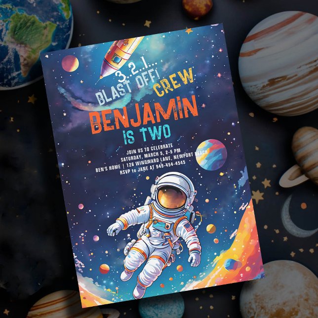 Astronaut Deep Space Rocket Planets Boy Geburtstag Einladung (astronaut birthday party invitation boy deep space rocket planets stars watercolor spaceship)
