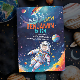 Astronaut Deep Space Rocket Planets Foto Geburtsta Einladung