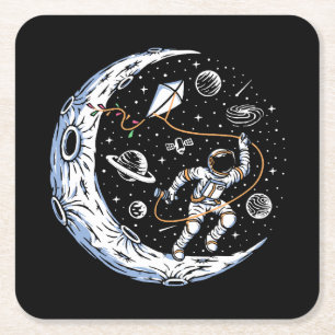Astronaut, der einen Drachen auf dem Mond fliegt Rechteckiger Pappuntersetzer