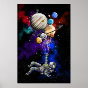 Astronaut, der im Weltraum mit Ballons schwimmt Poster
