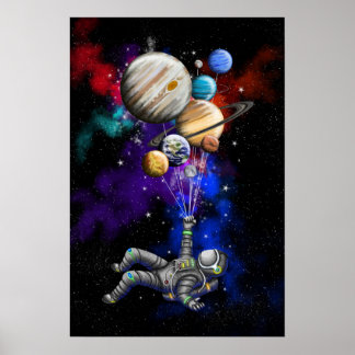 Astronaut, der im Weltraum mit Ballons schwimmt Poster