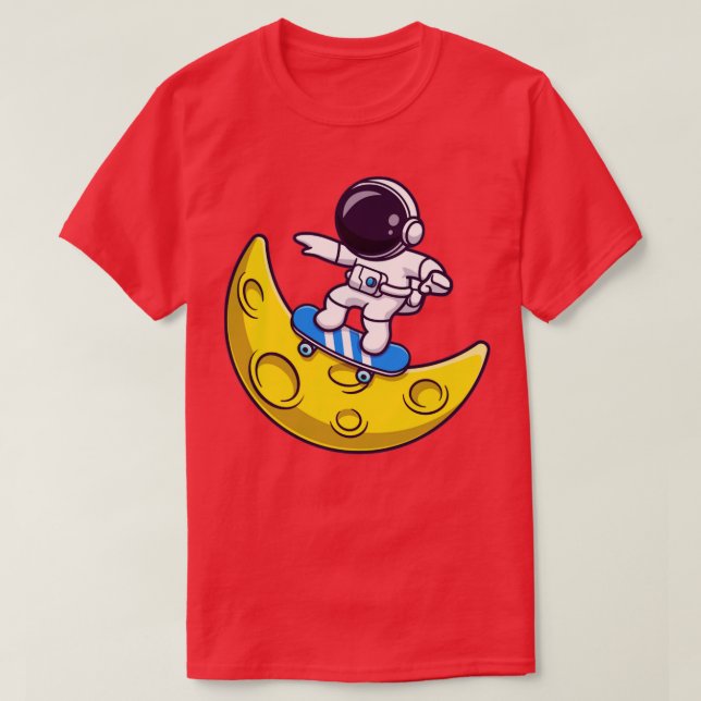 Astronaut, der Skateboard auf dem Cartoon des Mond T-Shirt (Design vorne)