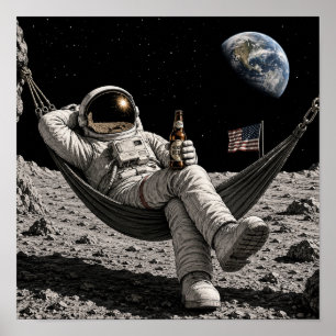 Astronaut entspannt mit Bier auf dem Mond Poster