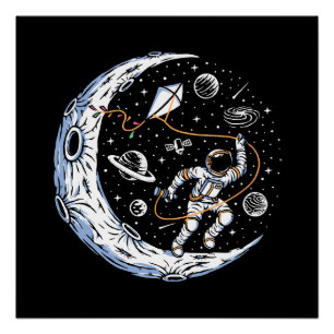 Astronaut fliegt einen Drachen auf dem Mond Poster