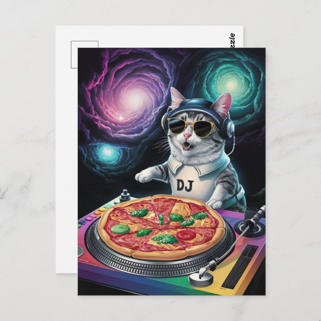 Astronaut Galaxy Planet Space Dj Cat Pizza Kitty   Postkarte (Vorne/Hinten)