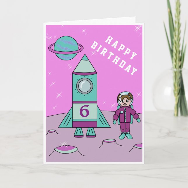 Astronaut Girl on Moon Space Happy Birthday Karte (Vorderseite)