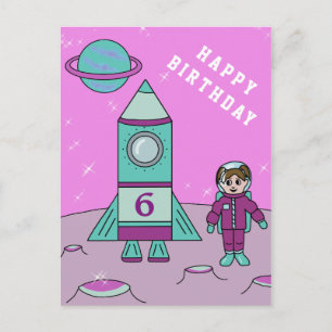 Astronaut Girl on Moon Space Happy Birthday Postkarte