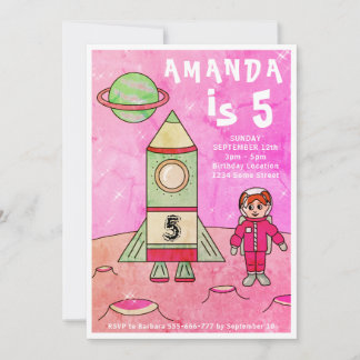 Astronaut Girl Rocket Ship Pink Geburtstagsparty Einladung