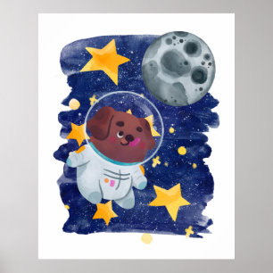 Astronaut Hund Wasserfarbe Raum Sterne Planet Kind Poster