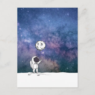 Astronaut im Weltraum mit Mondballon Kosmos Sterne Postkarte
