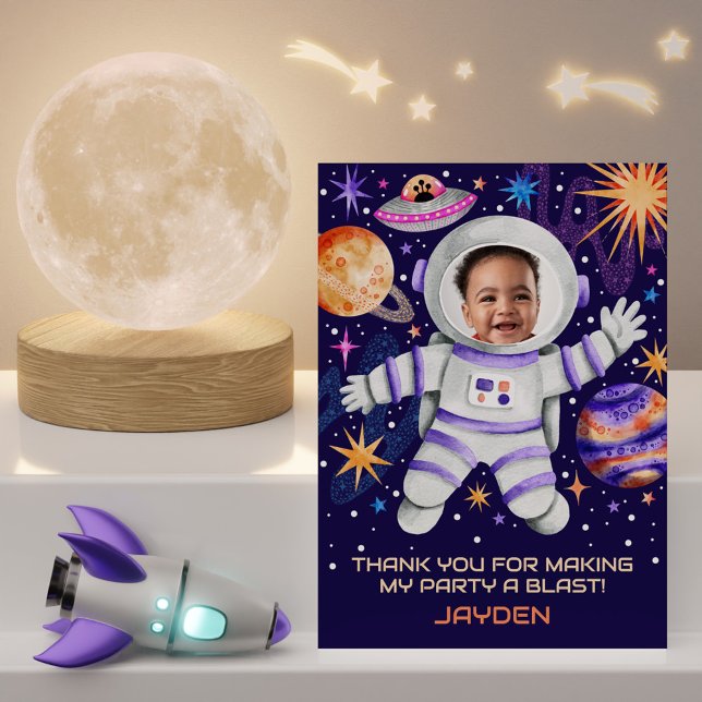 Astronaut im Weltraum mit Planeten & UFO-Foto Dankeskarte (Astronaut in Outer Space with Planets & UFO Photo Thank You Card)