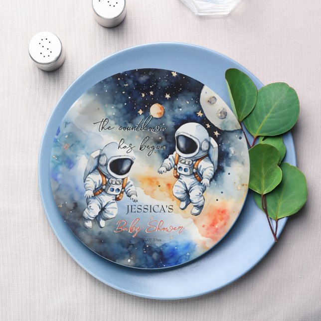 Astronaut im Weltraum mit zwei Babyduschen Pappteller (Outer space astronaut twins baby shower monogrammed customized paper plates personalized table decor)