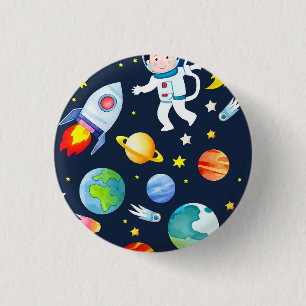 Astronaut im Weltraum Planeten und Raketen Muster Button
