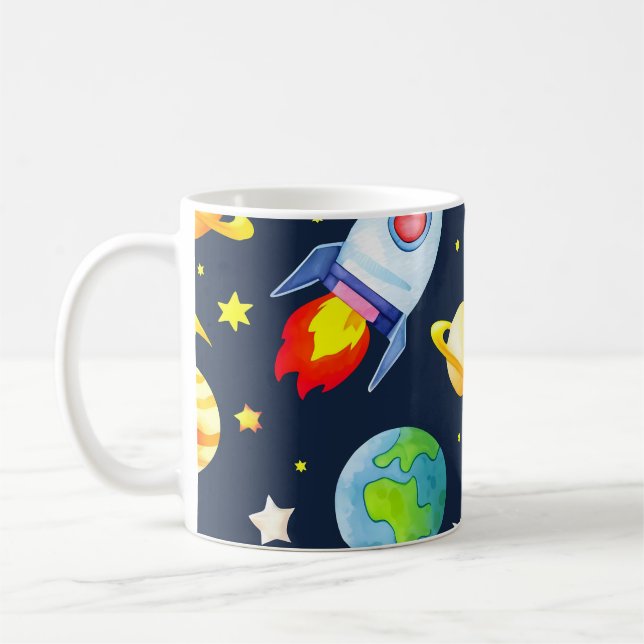 Astronaut im Weltraum Planeten und Raketen Muster Kaffeetasse (Links)