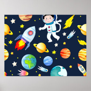 Astronaut im Weltraum Planeten und Raketen Muster Poster