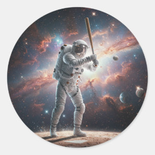 Astronaut im Weltraum spielt Baseball Runder Aufkleber