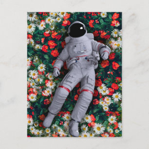 Astronaut in roten und weißen Blumen Postkarte