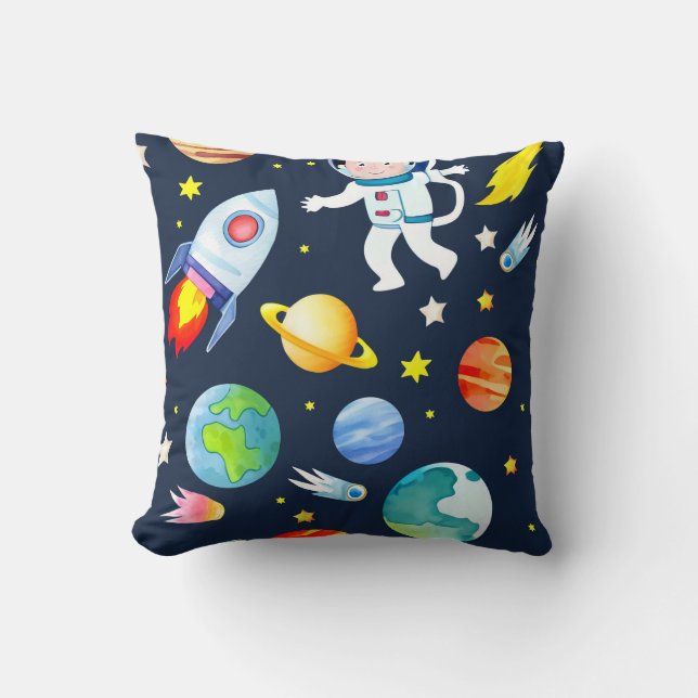 Astronaut in Space Planets and Rockets Pattern Kissen (Vorderseite)