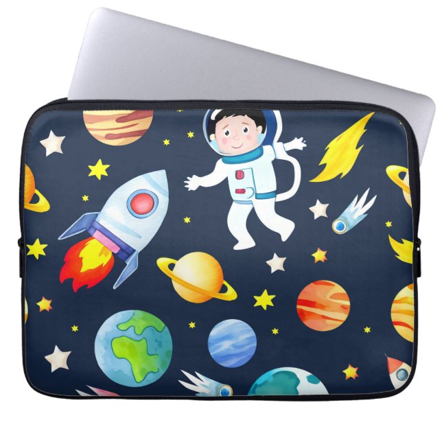 Astronaut in Space Planets and Rockets Pattern Laptopschutzhülle (Vorderseite)