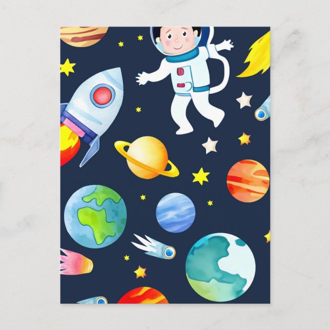 Astronaut in Space Planets and Rockets Pattern Postkarte (Vorderseite)