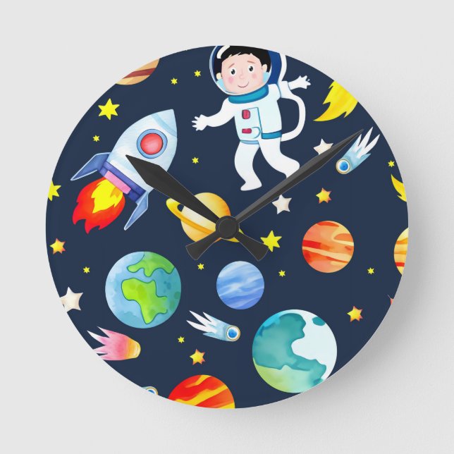Astronaut in Space Planets and Rockets Pattern Runde Wanduhr (Vorderseite)