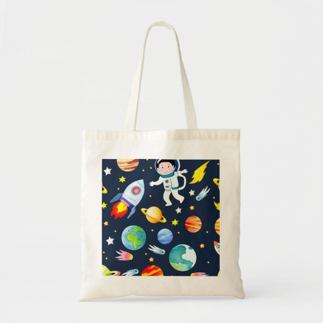 Astronaut in Space Planets and Rockets Pattern Tragetasche (Vorne)