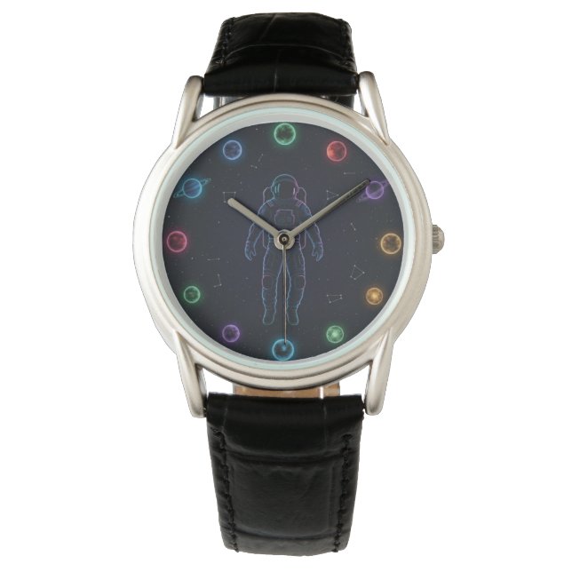 Astronaut in Space Watch | Colorful Cosmic Planets Armbanduhr (Vorderseite)