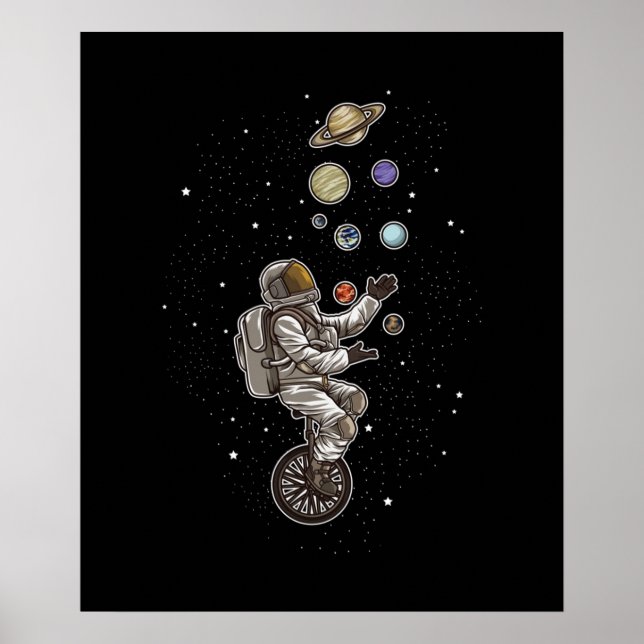Astronaut juggles Planeten auf einem Einradweg Poster (Vorne)