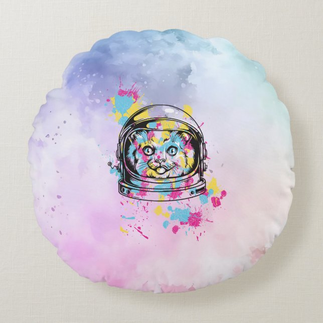 Astronaut Katze Rundes Kissen (Vorderseite)