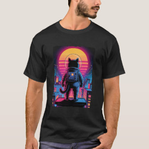 Astronaut Katzen Stadt Sonnenuntergang Retro Skyli T-Shirt