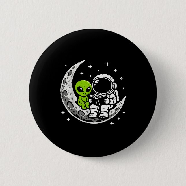 Astronaut liest Buch Alien Mond Weltraum  Button (Vorderseite)