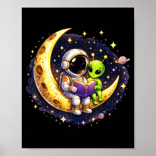 Astronaut liest Buch für Alien-Mond-Weltraum Poster