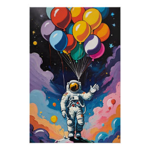 Astronaut mit bunten Ballons im Weltraum Poster