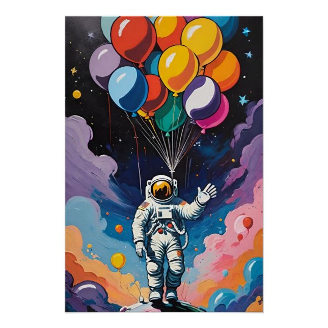 Astronaut mit bunten Ballons im Weltraum Poster (Vorderseite)