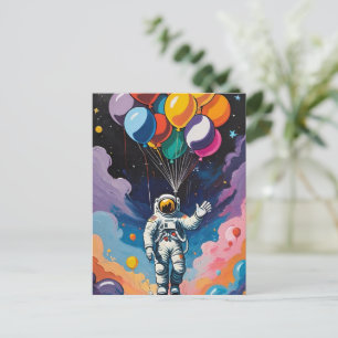Astronaut mit bunten Ballons im Weltraum Postkarte