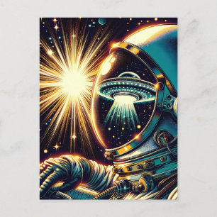Astronaut mit einem Spiegelbild eines UFO Postkarte