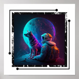 Astronaut mit Hund im Weltraum , Neon Design Art Poster