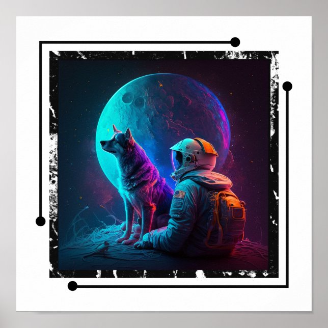 Astronaut mit Hund im Weltraum , Neon Design Art Poster (Vorne)