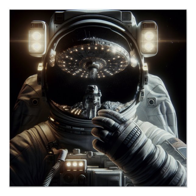 Astronaut mit Reflektion des UFO Poster (Vorderseite)