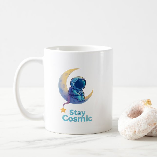 Astronaut on Moon Mug – Stay Cosmic Space Gift Kaffeetasse (Mit Donut)