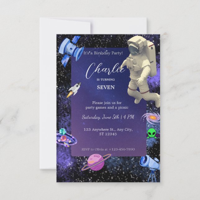 Astronaut Outer Space Geburtstag Einladung (Vorderseite)