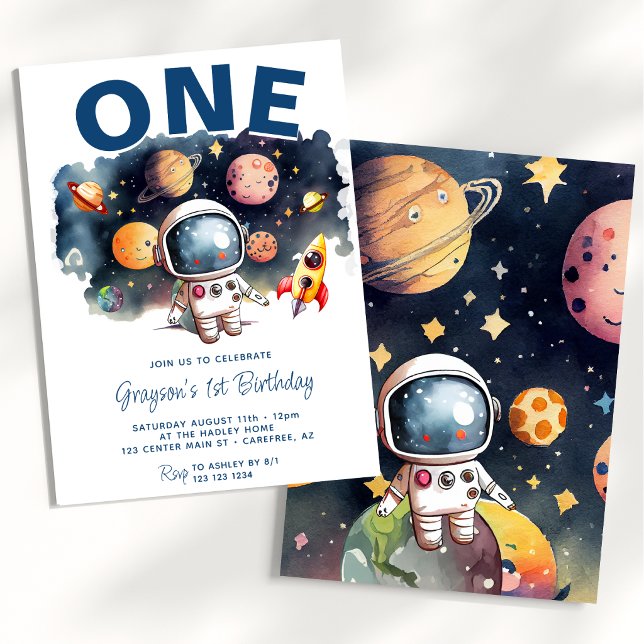 Astronaut Outer Space Planets Junge 1. Geburtstag Einladung (Von Creator hochgeladen)