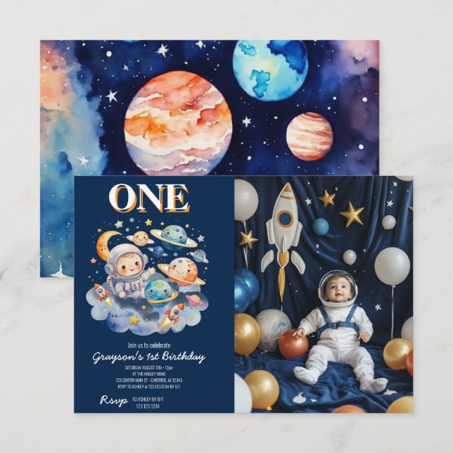 Astronaut Outer Space Planets Junge 1. Geburtstag Einladung (Vorne/Hinten)