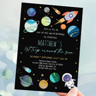 Astronaut Outer Space zum ersten Geburtstag Einladung