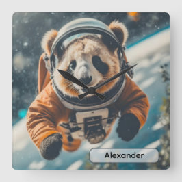 Astronaut Panda in Space Surreal Animal Nursery Quadratische Wanduhr